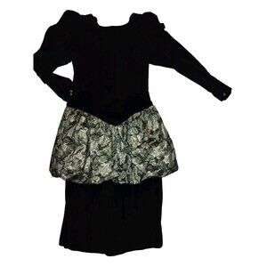 Sz 9/10 Vintage Black Velvet Bodycon Metallic Gold Big Bow Dress Cupcake